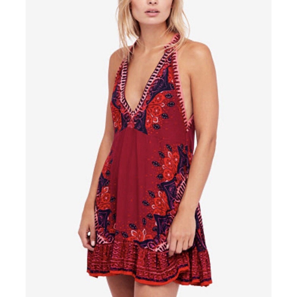 Free People Steal The Sun Tunic Halter Mini Dress Red Boho Romantic Festival XS